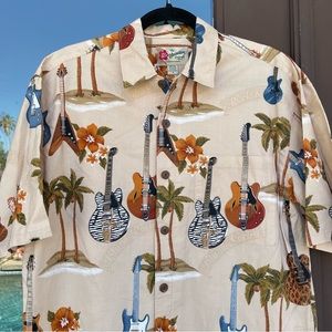 Hilo Hattie Island Rock Guitar+Floral Hawaiian Camp Shirt M